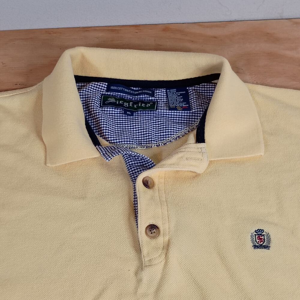 Vintage 90s Siegfried Polo Shirt Mens XL Yellow 100% Cotton Crest Logo Y2K
